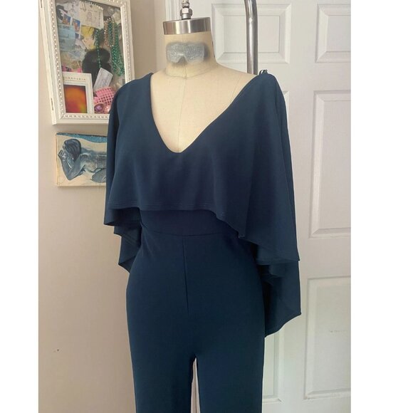 FOREVER 21 Teal RUFFLE trim V Front LOW back Cocktail JUMPSUIT Romper *SMALL* - Picture 2 of 6